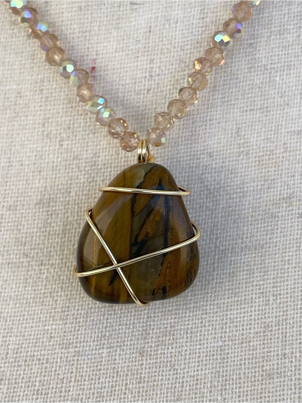 Tiger's Eye Pendant Necklace with Champagne AB Glass Beads